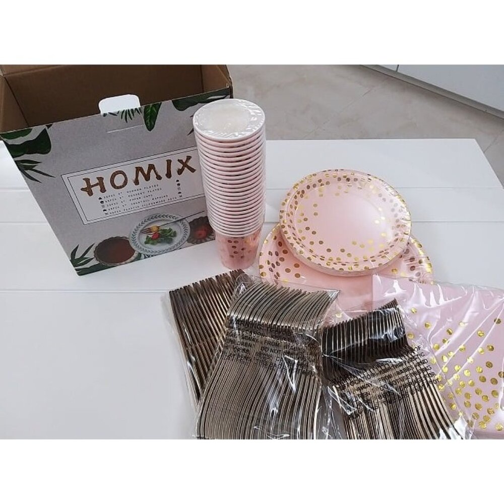 New Pink and Gold Party Supplies, Disposable 175Pcs Gold Dots on Pink Paper Plat